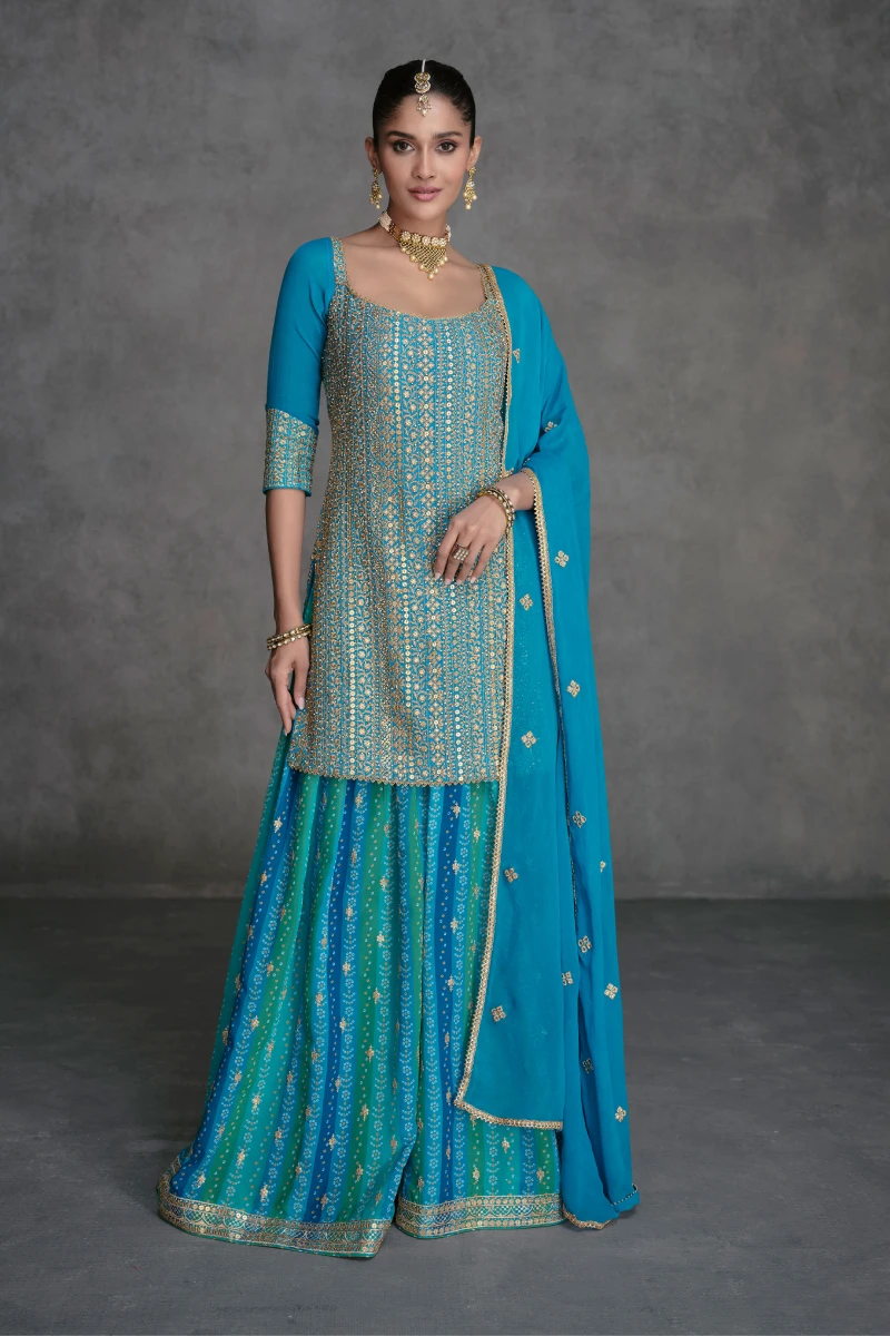 Blue & Green Embroidered & Sequins Georgette Palazzo Suit