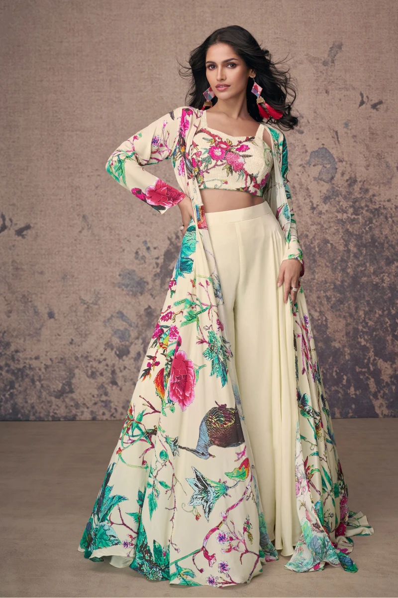 White Embroidered & Printed Crepe Silk Palazzo Set