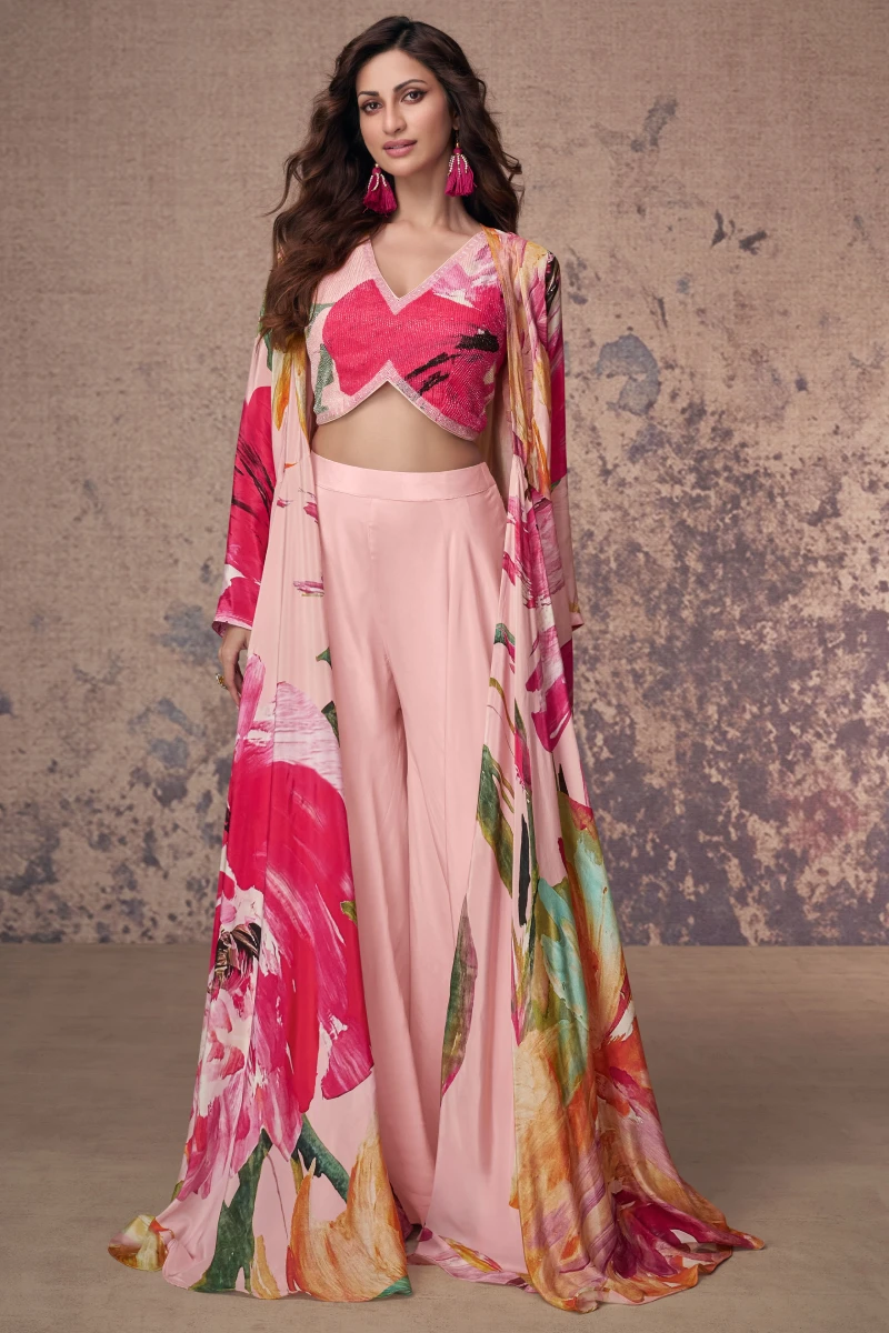 Pink Embroidered & Printed Crepe Silk Palazzo Set