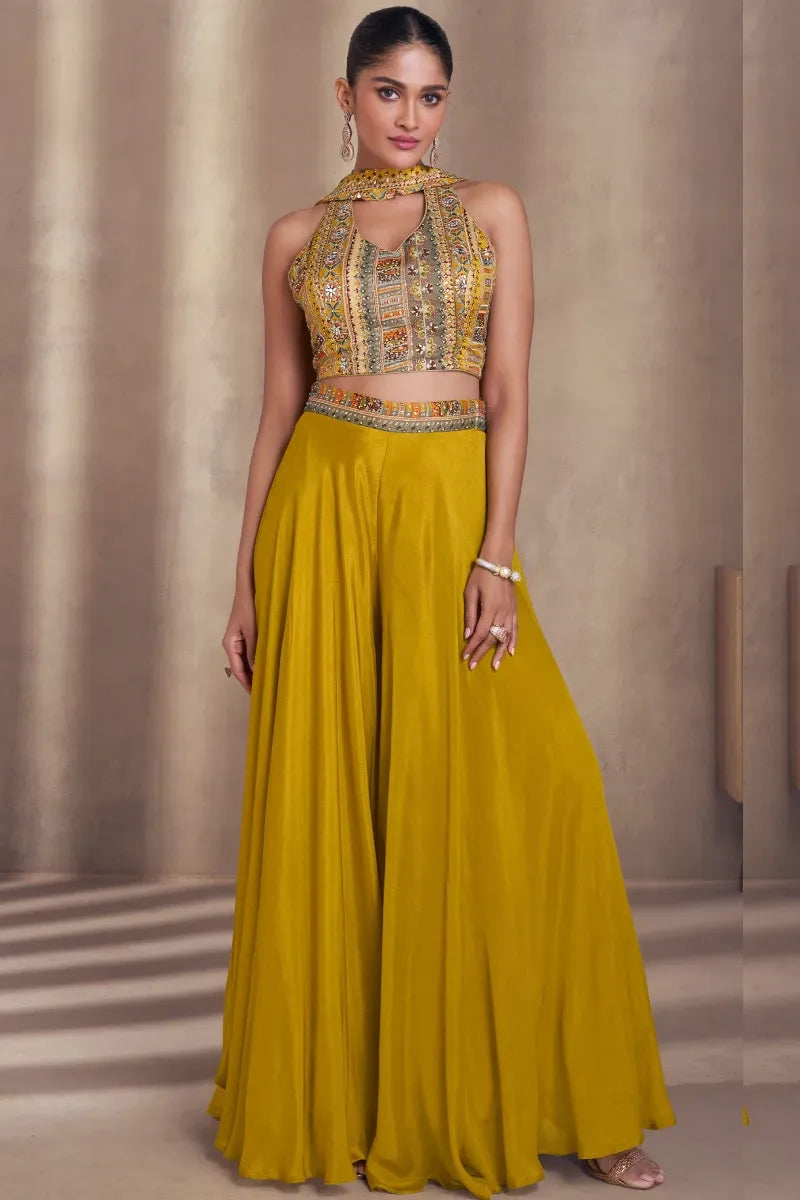 Mustard Embroidered Chinnon Silk Palazzo Set