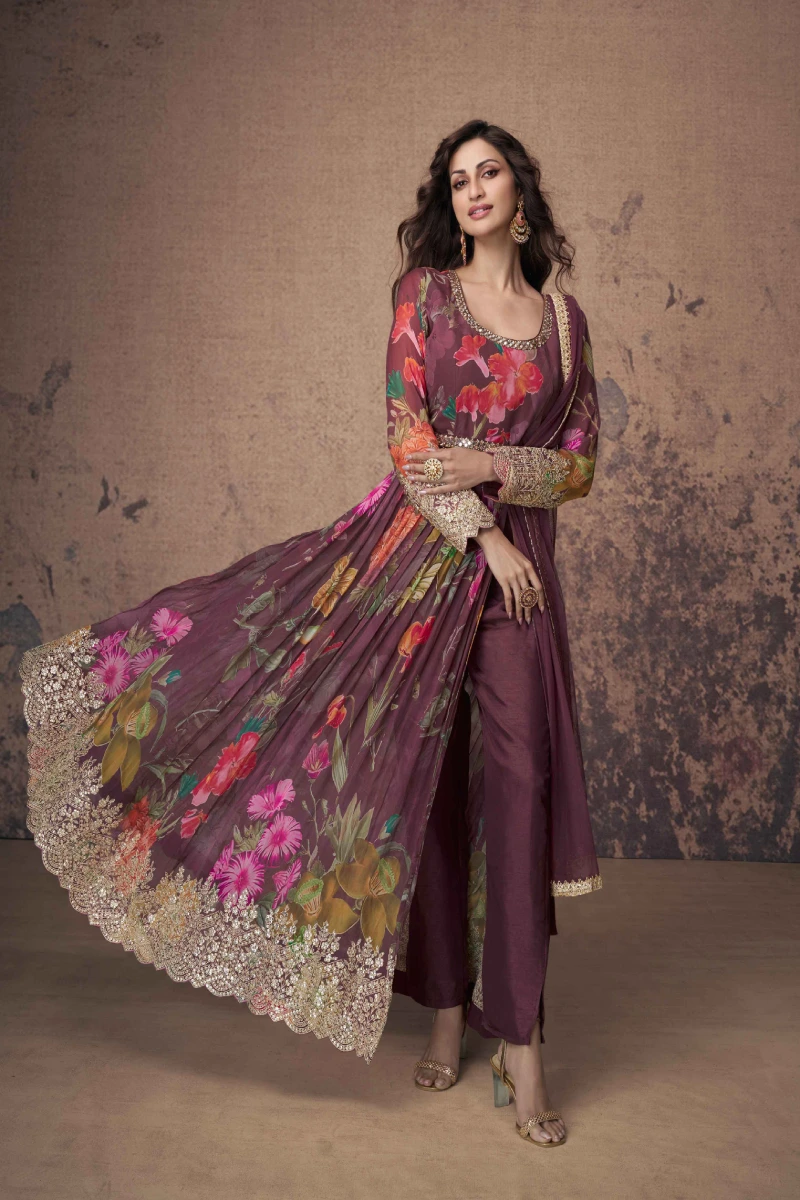 Wine Embroidered & Sequined Georgette Pant Anarkali Suit