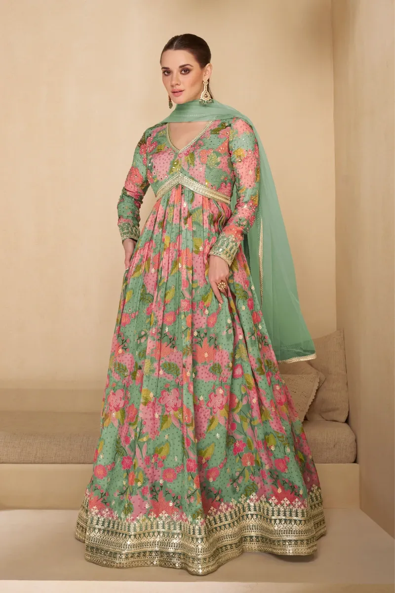 Dusty Green Embroidered & Sequins Gown in Georgette