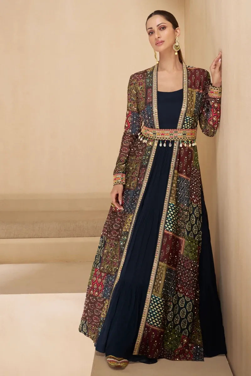 Blue Georgette Gown with Multi-Colored Dupatta