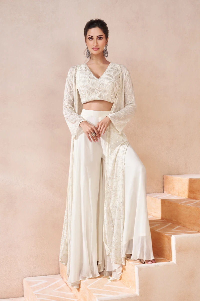 White Embroidered & Sequins Palazzo Suit in Georgette