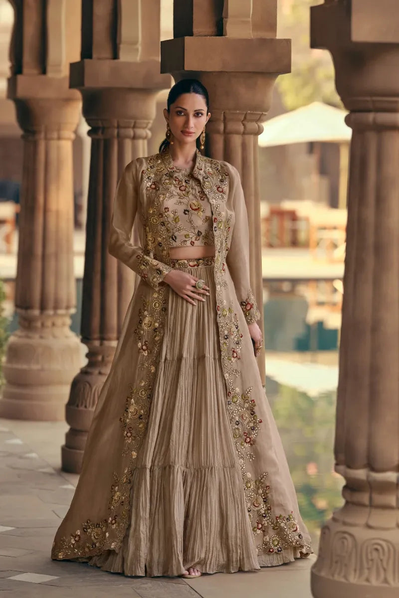 Fawn Chinnon Silk Lehenga Set with Embroidery & Sequins Work