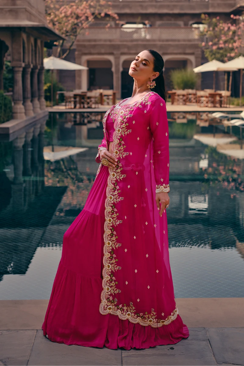 Pink Chinnon Silk Lehenga Set with Embroidery & Sequins Work