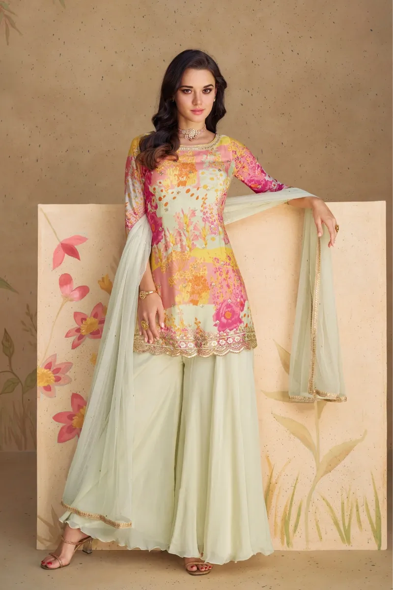 Elegant White & Red Chinon Silk Palazzo Suit