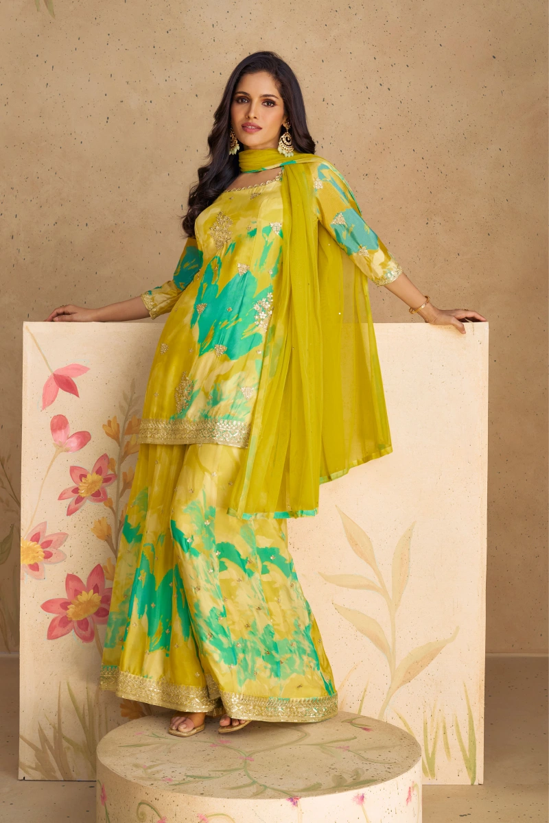 Yellow Embroidered, Print & Sequins Chinnon Silk Palazzo Suit