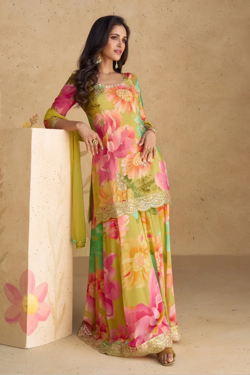 Multi-Colored Embroidered, Print & Sequins Chinnon Silk Palazzo Suit