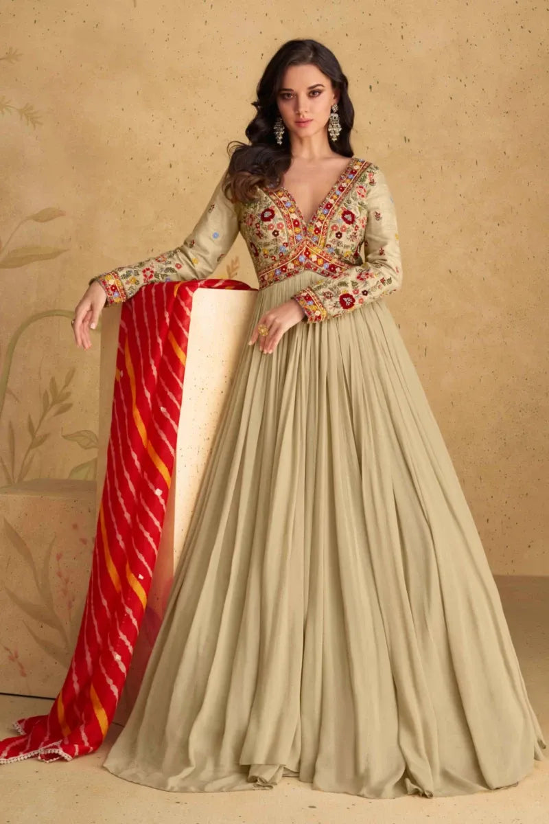 Fawn Georgette Gown with Embroidery & Sequins