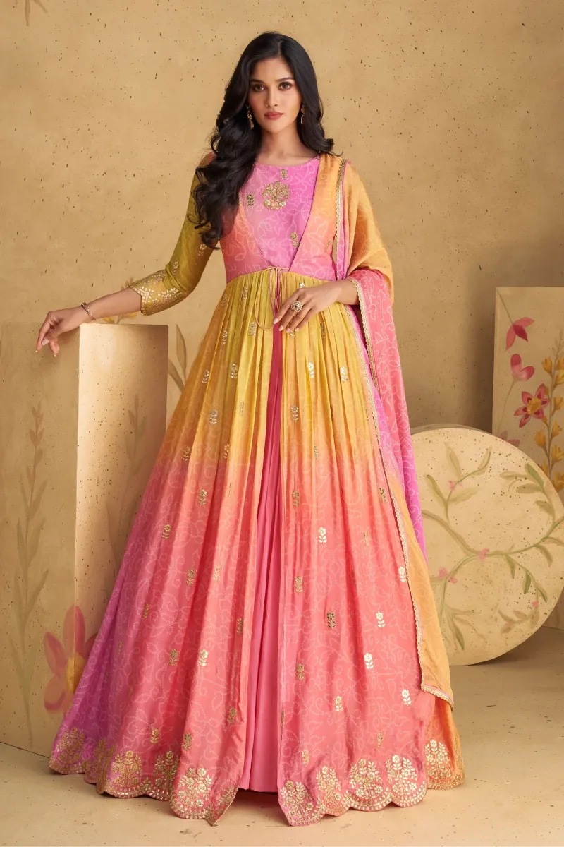 Multi Chinnon Silk Gown with Embroidery & Sequins