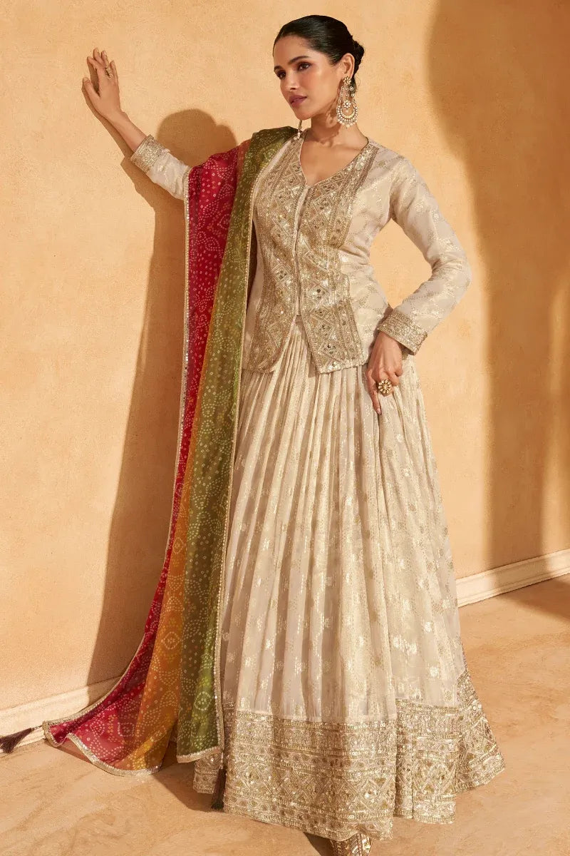 Beige Embroidered Jacquard Silk Lehenga Set