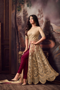 Beige & Wine Net Anarkali Suit with Zari & Diamond Work