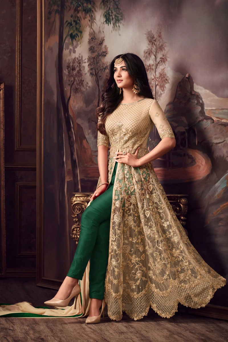 Beige & Green Net Anarkali Suit with Zari & Diamond Work
