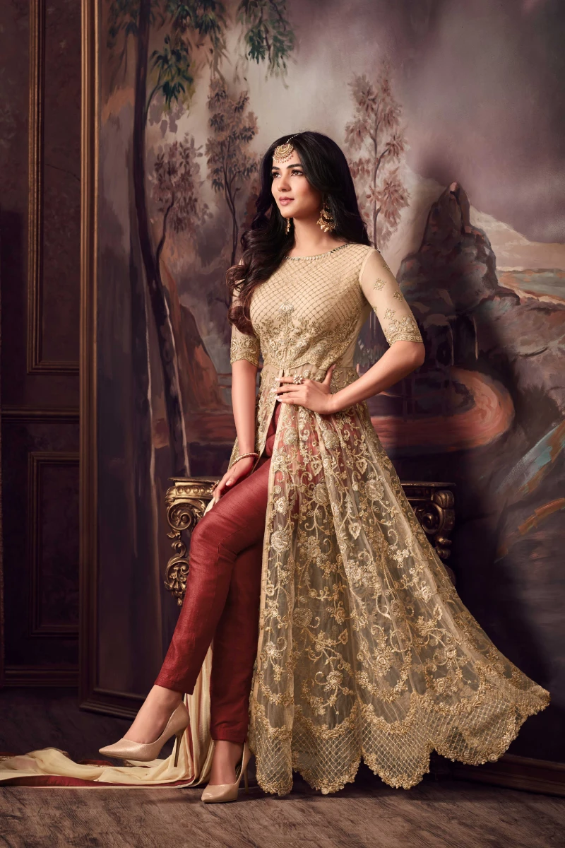 Elegant Beige & Brown Net Anarkali Suit