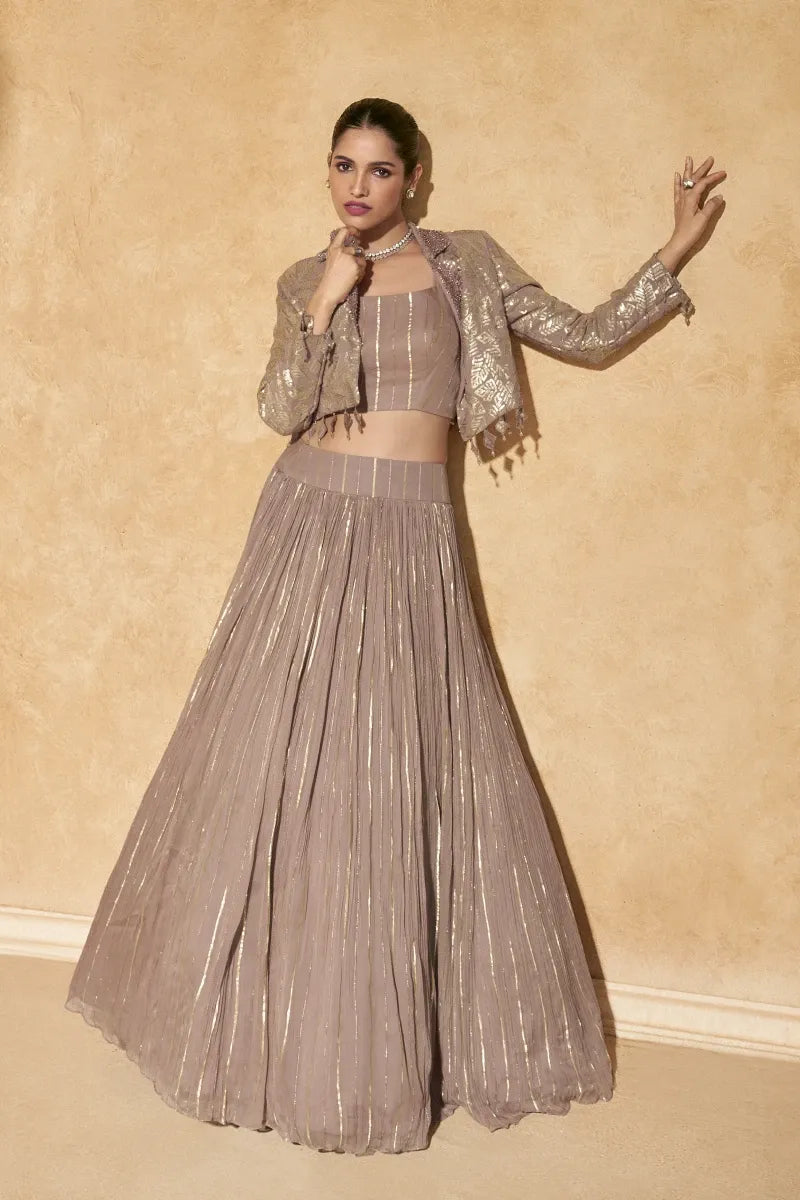 Rose Gold Chinnon Silk Lehenga Set with Embroidery & Sequins Work