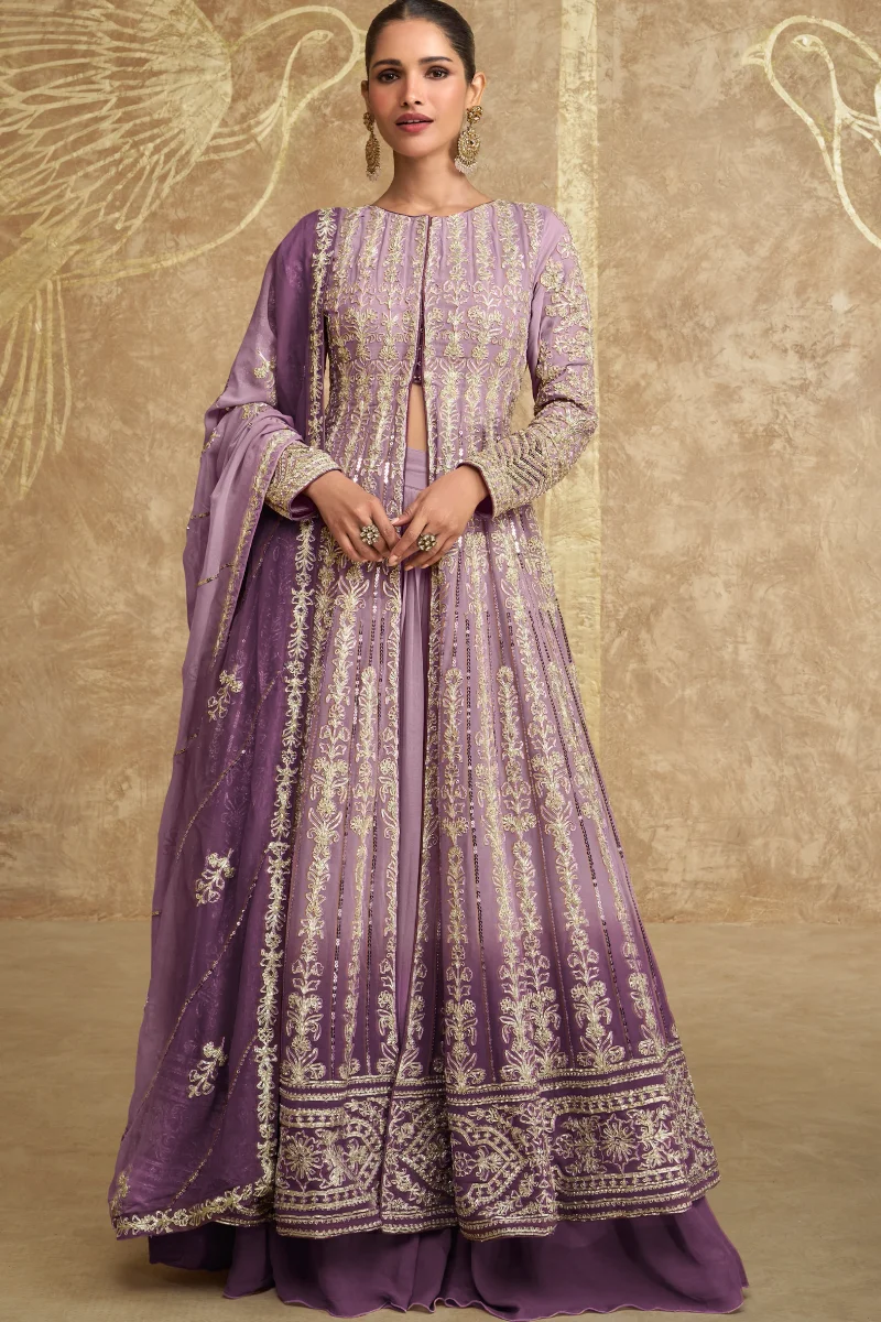 Violet Heavy Embroidered Georgette Anarkali Top & Skirt with Dupatta