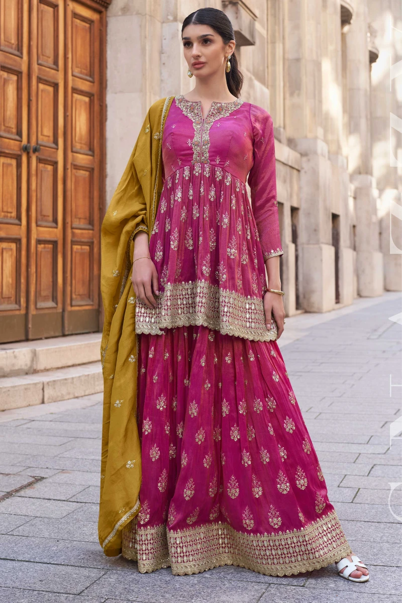 Pink Anarkali with Mustard Dupatta & Embroidered Shimmer Palazzo Suit