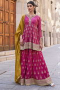 Pink Anarkali with Mustard Dupatta & Embroidered Shimmer Palazzo Suit