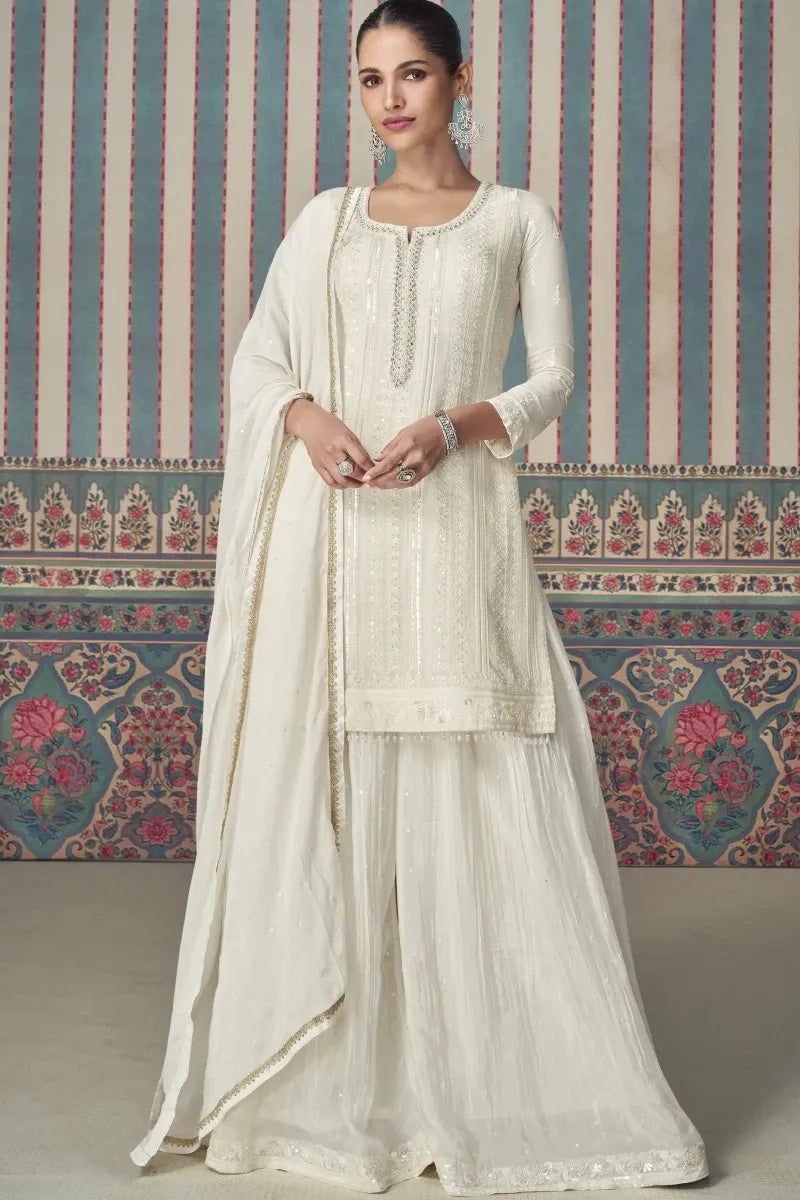 White Premium Real Chinon Silk Sharara Suit