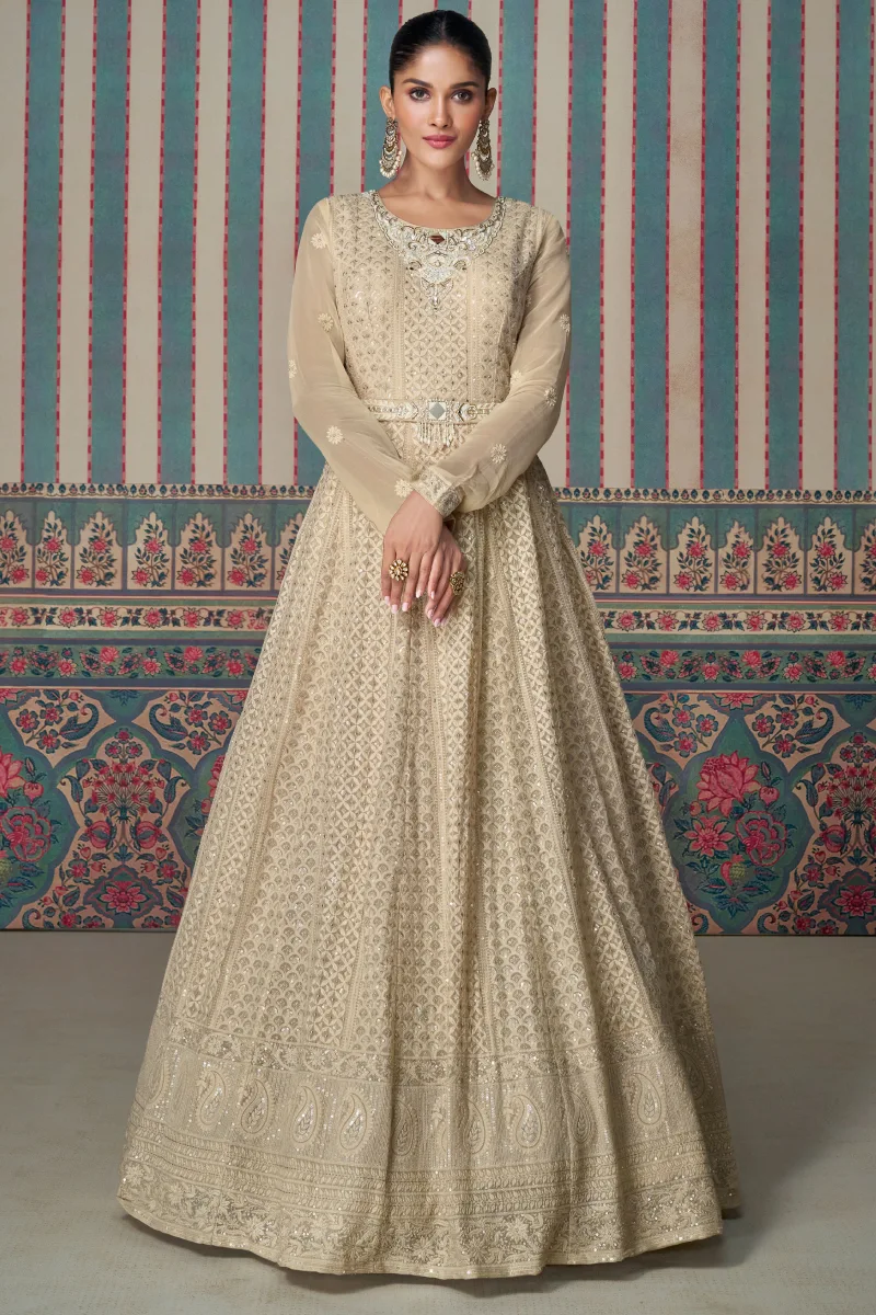 Beige Georgette Gown with Embroidery & Sequins Work