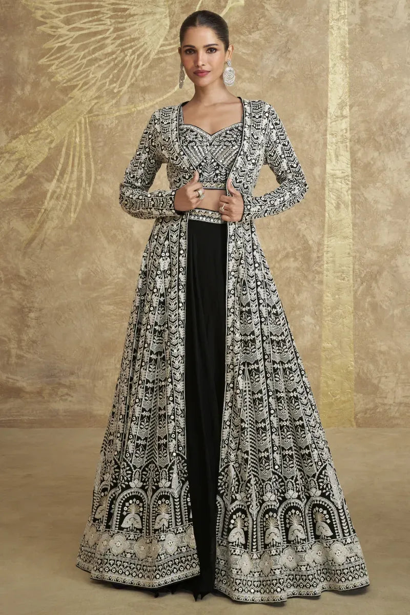Black Real Georgette Embroidered Jacket Style Lehenga
