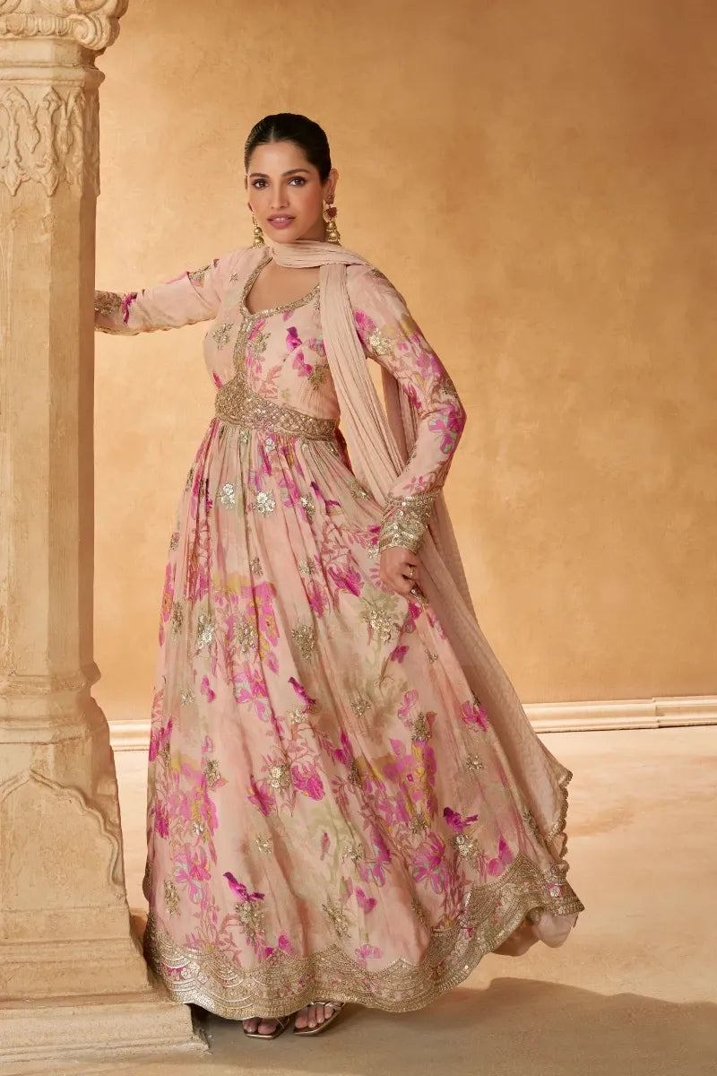 Peach Chinnon Silk Gown with Nazmeen Dupatta