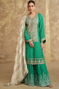 Teal Green Chinnon Silk Palazzo Suit with Off White Dupatta