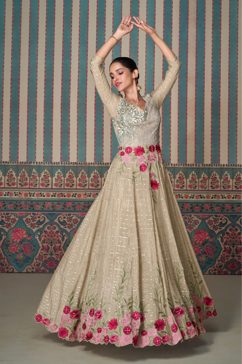 Beige Chinnon Gown with Embroidery & Sequins Work