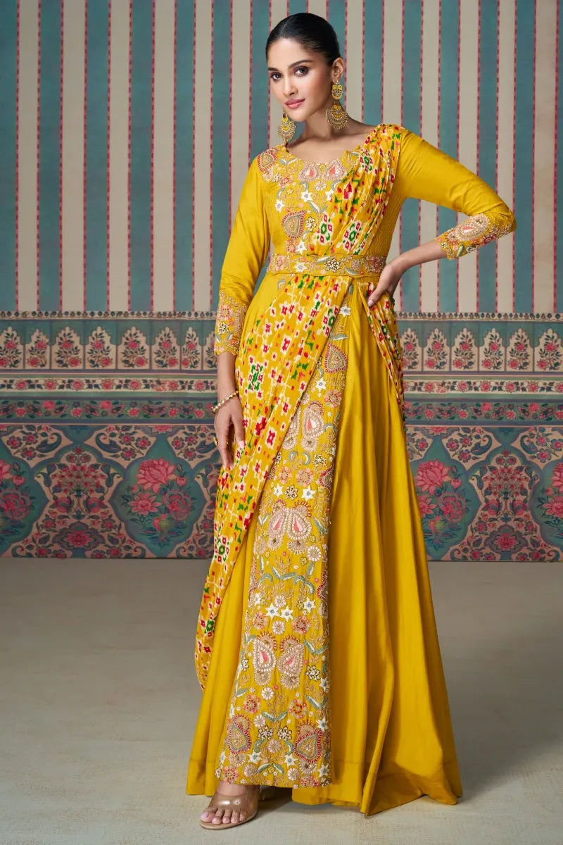 Mustard Silk Gown with Embroidery, Print & Sequins Work