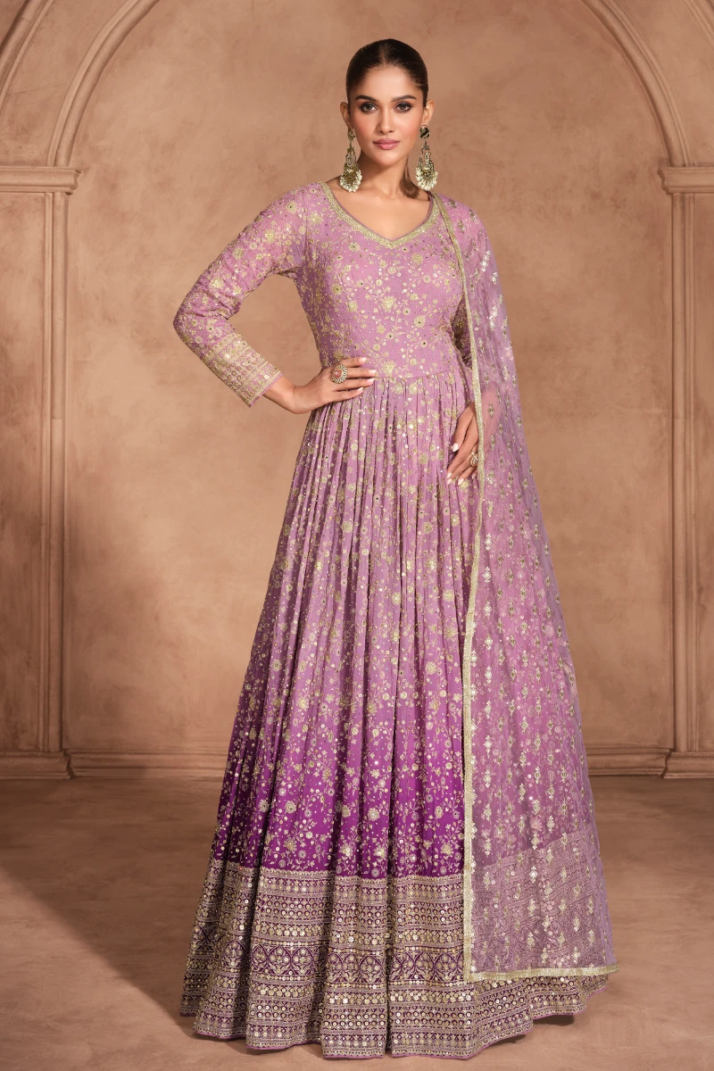 Pink Ombre Embroidered Georgette Anarkali Gown with Dupatta