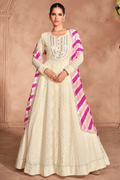 Beige Gown with Pink & White Silk Dupatta