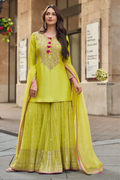 Olive Yellow Silk Sharara Suit with Embroidery & Sequins Work