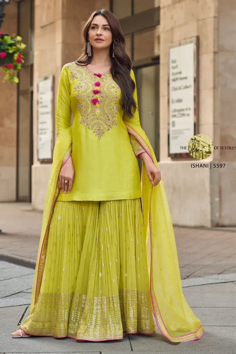 Olive Yellow Silk Sharara Suit with Embroidery & Sequins Work