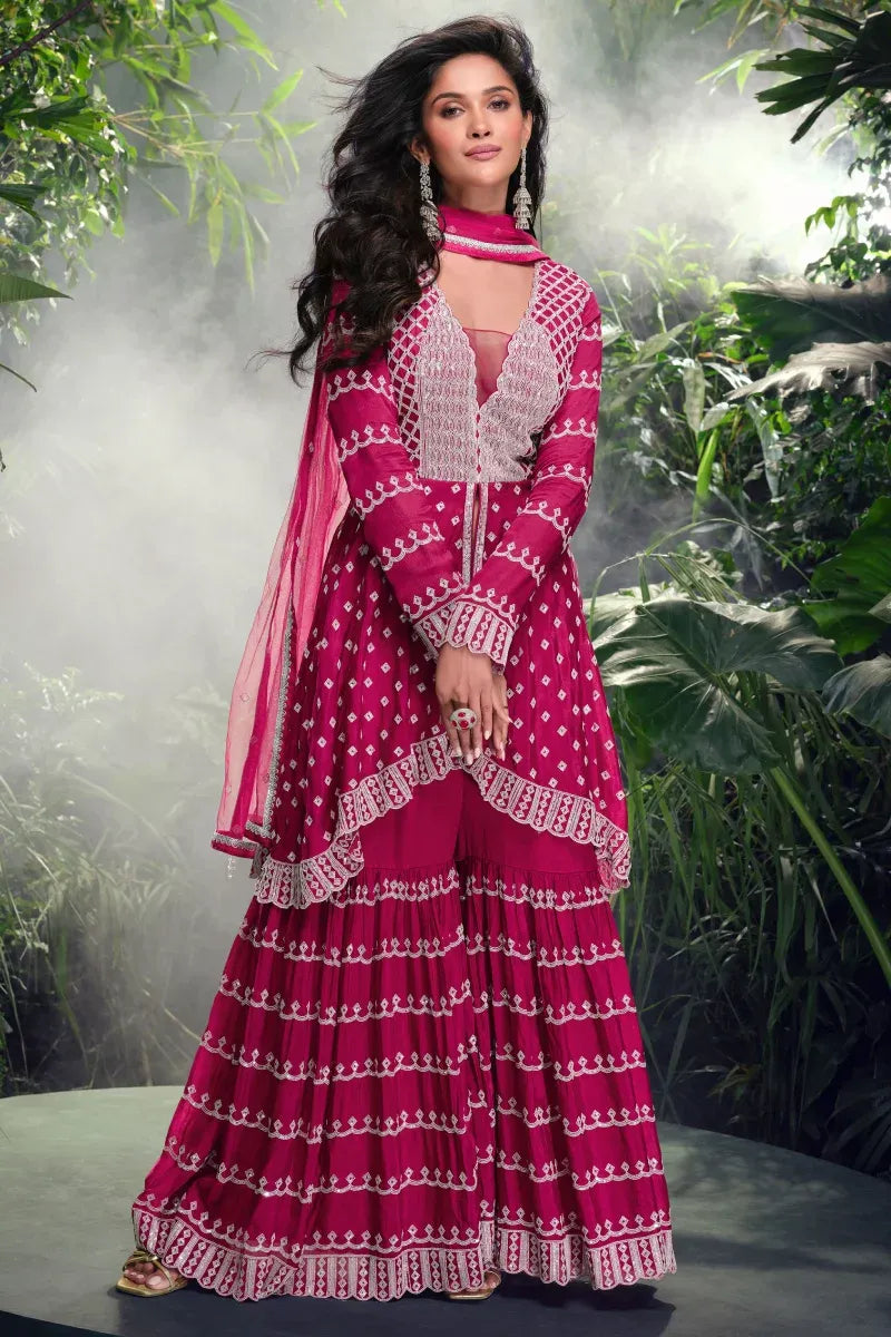 Pink Embroidered Anarkali Palazzo Suit