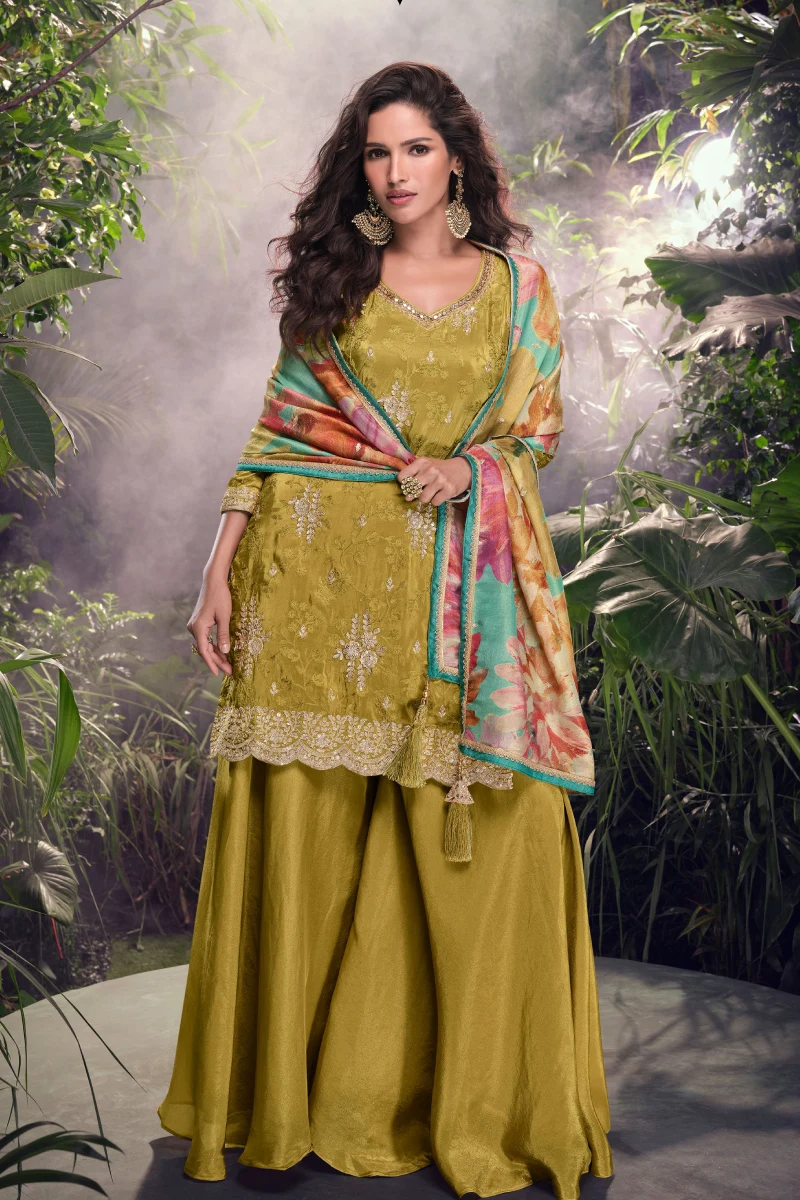 Olive Green Embroidered Chinnon Silk Palazzo Suit