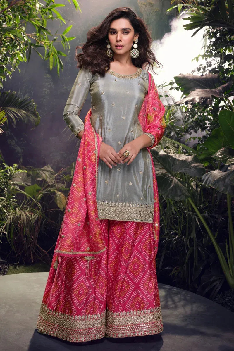 Grey and Pink Embroidered Chinnon Silk Palazzo Suit