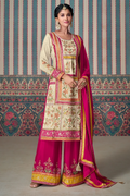 Beige and Pink Simar Silk Emboridered Palazzo Suit