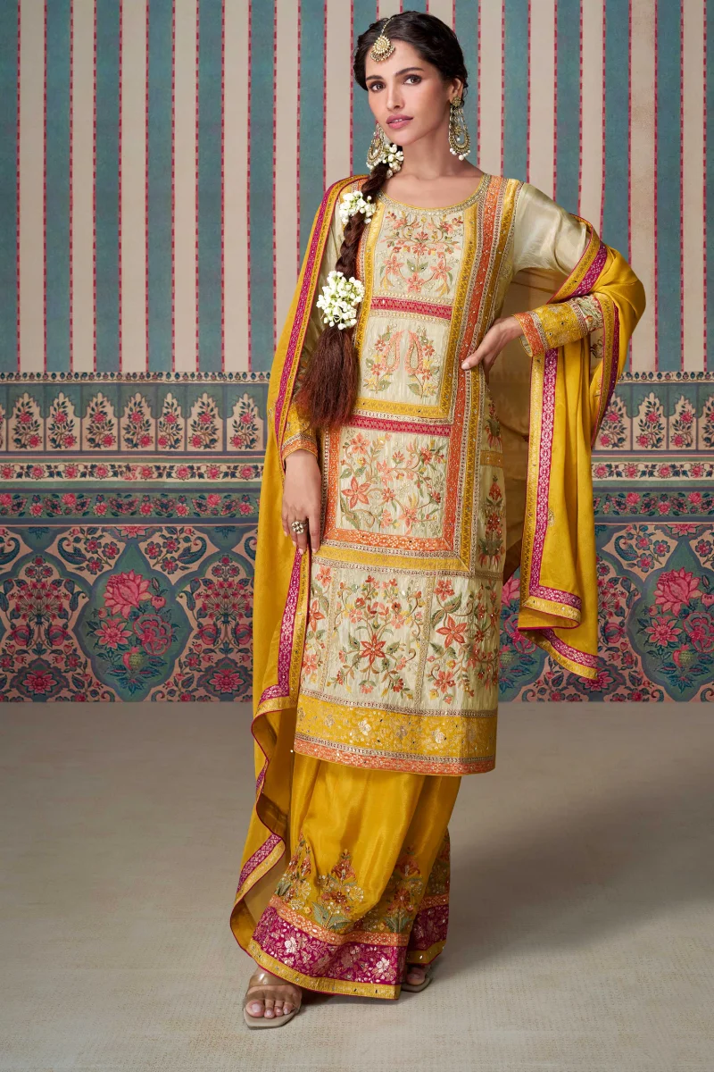 Beige and Mustard Simar Silk Embroidered Palazzo Suit