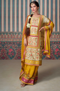 Beige and Mustard Simar Silk Embroidered Palazzo Suit