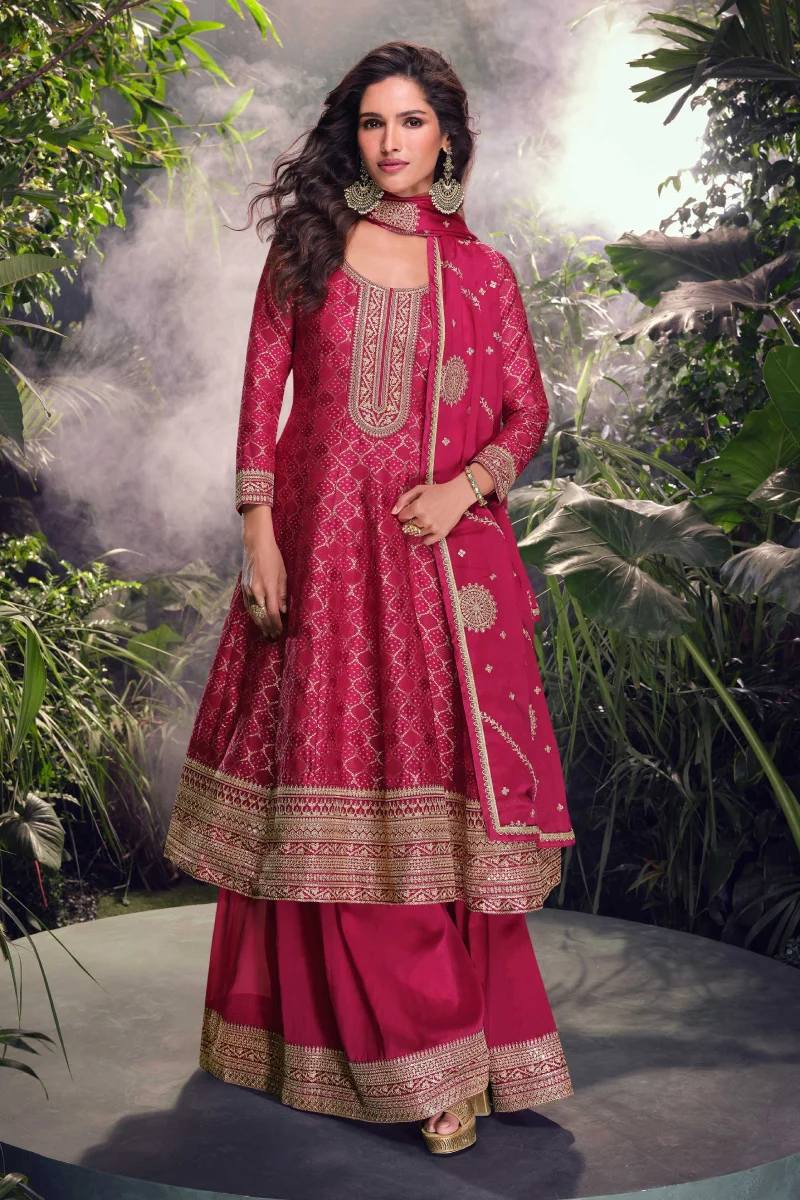 Pink Jacquard Silk Embroidered Palazzo Suit