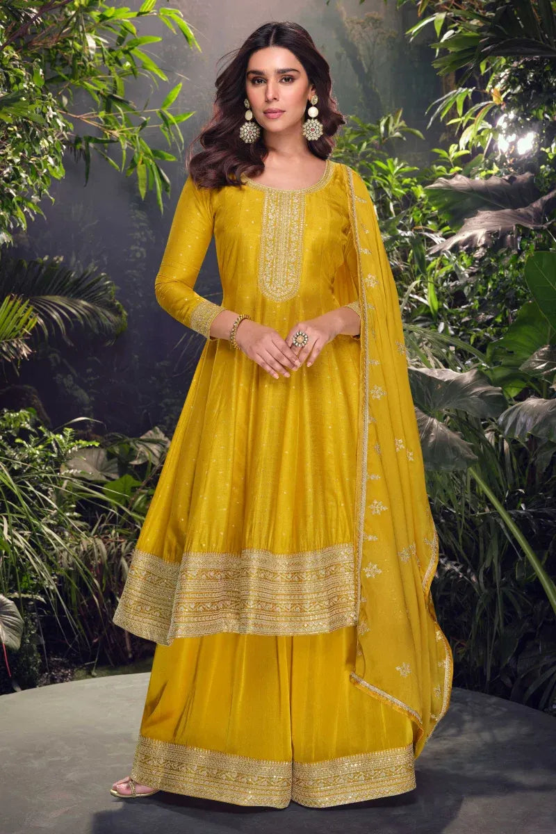 Yellow Jacquard Silk Embroidered Palazzo Suit
