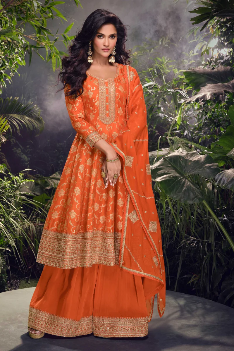 Orange Jacquard Silk Embroidered Palazzo Suit