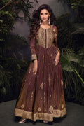 Brown & Purple Jacquard Silk Gown with Embroidery & Sequins Work
