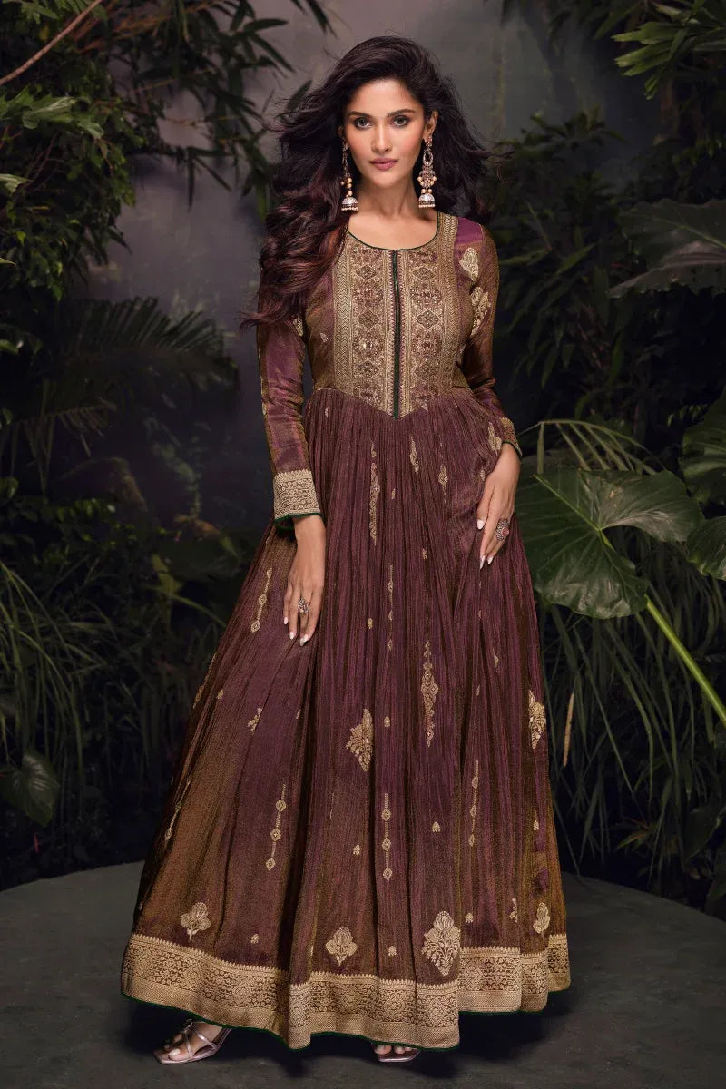 Brown & Purple Jacquard Silk Gown with Embroidery & Sequins Work