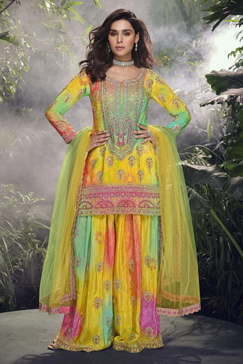 Yellow Tie-Dye Embroidered Palazzo Suit