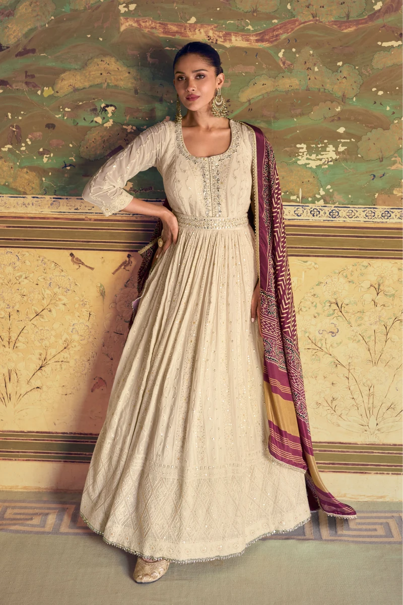 Off-White Georgette Gown with Maroon Chinnon Silk Dupatta & Chikankari Embroidery