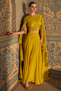 Yellow Chinnon Silk Palazzo Suit with Embroidery & Stonework