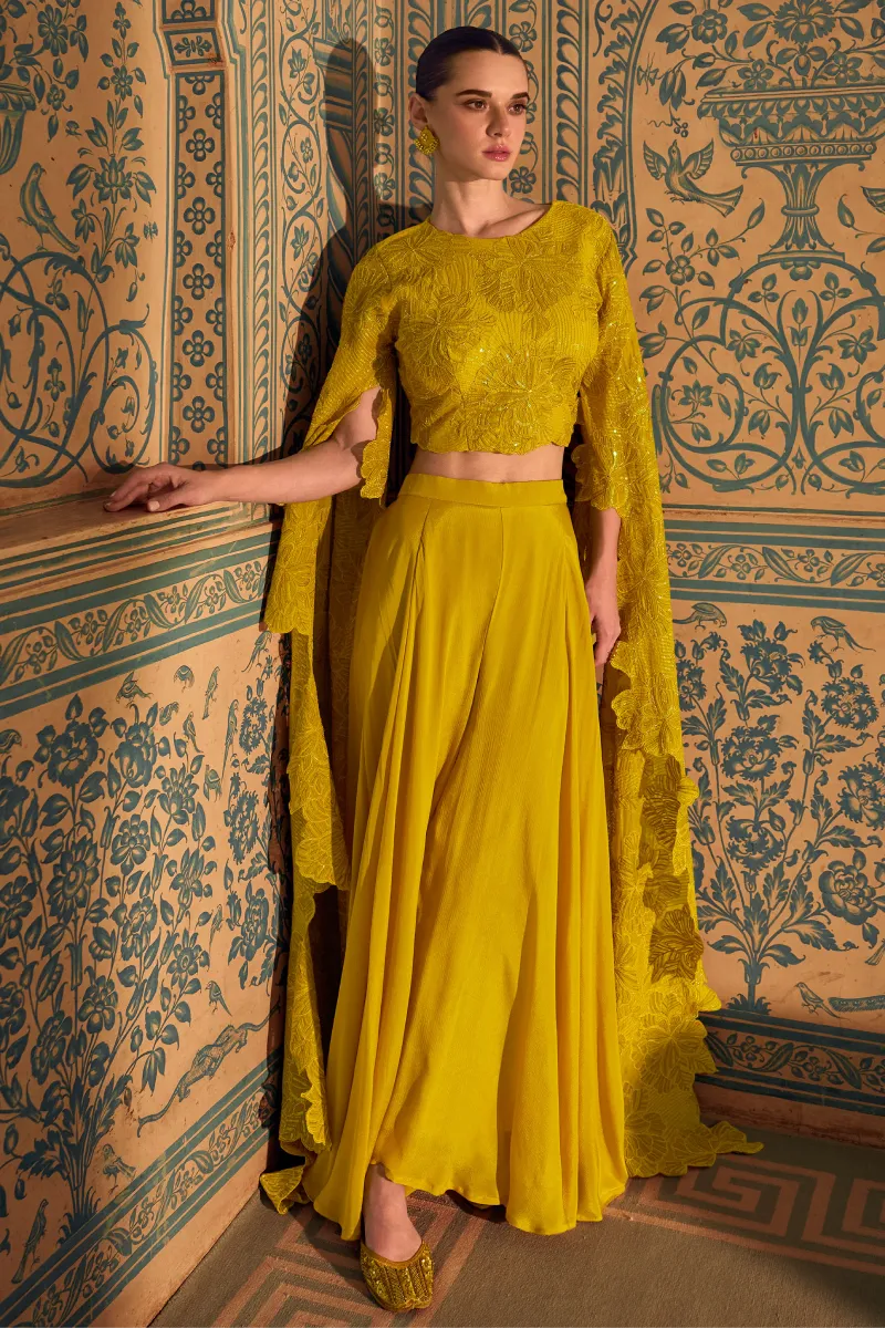 Yellow Chinnon Silk Palazzo Suit with Embroidery & Stonework