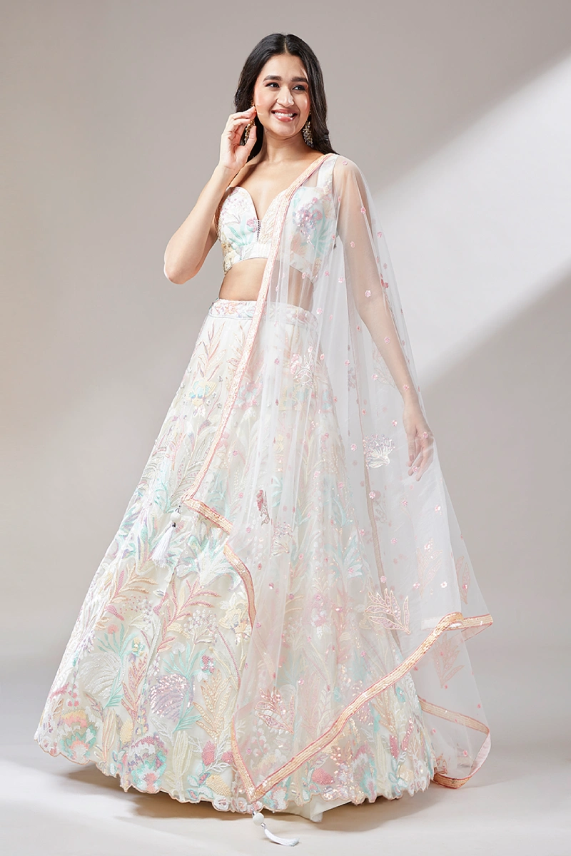 Cream Net Sequin Work Lehenga & Unstitched Blouse with Dupatta